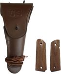 Warcraft Exports US WW2 .45 Brown Hip M1911 Colt Pistol Leather Hip Holster with M1911 / 1911 .45 Walnut Wood Pistol Grips - Reproduction (Combo) (DARK BROWN)