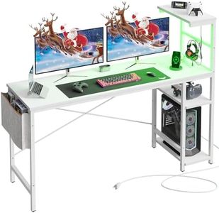 Bestier 61 Inch Gaming Desk with Power Outlets, Large LED Gamer Desk with Reversible Shelves, PC Gaming Table with Headset Hook & Side Storage Bag for Bedroom (White 3D Carbon Fiber)