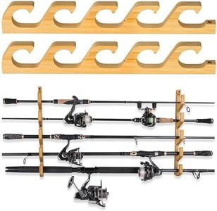 PLUSINNO WH5 Horizontal Fishing Rod/Pole Holders for Garage, Wall or Ceiling Mounted Fishing Rod Rack, Solid Wood Fishing rod Holder Holds up to 5 Rod or Combos or Nets Storage Racks