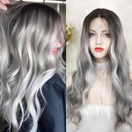 CIMITIKI Dirty Gray Wigs Mixed Sliver Lace Front Wig Long Loose Wave Grey Synthetic Fiber Hair 22Inch Highlighted for Women Girls