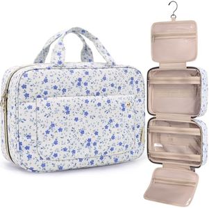 BAGSMART Toiletry Bag Travel Bag with Hanging Hook, Water-resistant Makeup Cosmetic Bag Travel Organizer for Accessories, Shampoo, Full-size Container, Toiletries (Blue Ditsy Floral, Large)