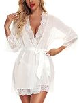 RSLOVE Women Lace Kimono Robe Babydoll Chemise Lingerie Bride Robe for Wedding Party White M