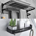 Plantex Space Aluminium Folding Towel Rack with Fix Towel Rod/Bathroom Organizer/Towel Hanger with Hook/Bathroom Shelf for Wall/Bathroom Accessories – Combo (Black)