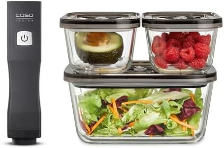 CASO Vacu OneTouch Eco-Set, Handvakuumierer inkl. 3 Vakuumbehälter aus Glas, 10 ZIP-Beutel und Food Manager Sticker, kabellos, bis zu 150 Minuten Laufzeit, aufladbar, Schwarz