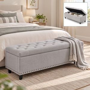 Tbfit Long Ottoman with Storage, 50.8" End of Bed Bench with Safety Hinge&Rivets, Entryway Benches Large Storage Ottoman Bench for Bedroom, Living Room, Holds up to 660 lb(Light Grey)