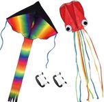 Listenman 2 Pack Kites - Large Rainbow Delta Kite and Red Mollusc Octopus with Long Colorful Tail for Children Outdoor GameActivitiesBeach Trip Great Gift to Kids Childhood Precious Memories