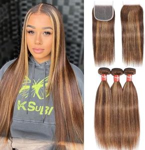 Haha P4/27 Honey Blonde Highlight Human Hair Bundles With Lace Closure 4x4 Brown Blonde Ombre Straight Bundles With Closure Brazilian Remy Virgin Hair Weave Sew In Extensions 20 22 24 +18 Inch