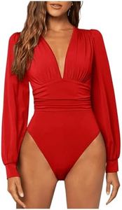 GORGLITTER Women's Sexy Ruched Deep V Neck Long Sleeve Bodysuit Plunging Neckline Leotard Shirts Red Medium