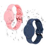 2 Pack Waterproof Air Tag Bracelets for Kids, Adjustable Silicone Lightweight Hidden Wristbands GPS Tracker Holders, Compatible with Apple AirTag Watch Band for Child (Pink & Midnight Blue)