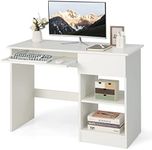 Tangkula White Desk with Drawer, Wooden Computer Desk with Pull-Out Keyboard Tray & Adjustable Storage Shelves, Modern Laptop PC Desk with CPU Stand, Writing Study Desk for Bedroom (White)