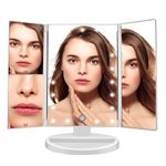 PRIME PICK Illuminated Makeup Mirror, Trifold Vanity Mirror with 1X / 2X / 3X Magnification, Natural Looking LEDs, Touch Screen, Rechargeable Mirror