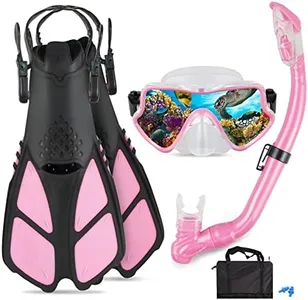 AosDero Kids Snorkeling Set Adjustable Swimming Kids Flippers+Panoramic Snorkel Mask+ Dry Snorkel Tube+ Travel Bags Suitable Snorkeling Gear for Kids,Juniors,Age 5-14