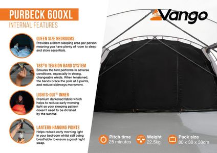 Vango Purbeck 600XL 6-Person Family Tent – 3 Rooms, Porch, Vivid Grey