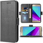 Compatible with Samsung Galaxy Grand Prime J2 Prime Wallet Case Wrist Strap Lanyard and Leather Flip Card Holder Stand Cell Accessories Mobile Folio Phone Cover for Glaxay 2 2J Plus Women Men Black