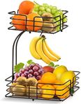 Mutool 2-Tier Fruit Basket, Detachable Countertop Fruit Rack with Banana Hanger, Kitchen Wire Fruit Vegetables Bowls, Metal Basket Storage Holder for Fruits Veg Bread Snacks (Bronze)