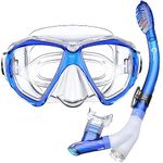 Dorlle Snorkel Set with Snorkel and Diving Goggles, Waterproof Diving Mask, Anti-Fog, Anti-Leak, Tempered Glass, with 3-Channel Premium Dry Snorkel for Adults, Clear/Blue