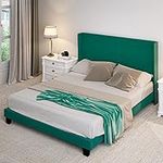 YITAHOME Upholstered Bed Frame, Platform Bed Base with Green Velvet Headboard and Wingback, Strong Wood Slats Support Queen Size Mattress Foundation, No Box Spring Needed, Peacock Green