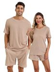 EISHOPEER Men's Ribbed Knit Lounge Set Short Sleeve Top and Shorts Sleepwear Pajama Set Two Piece Matching Outfits Set Light Khaki Large