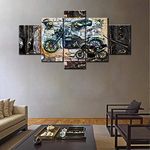 Vintage Canvas Wall Art Fashion Steampunk Mechanical Painting Handmade Theme Black Motorcycle Biker Prints Poster Home Decor Living Room Wooden Framed Stretched Ready to Hang 5 Panel(60''Wx32''H)