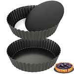 LOLYSIC 2Pcs Deep Quiche Tins with Loose Base, 9 Inch Deep Pie Dish Loose Bottom Flan Tins, 24cm Carbon Steel Fluted Tart Tins Non Stick Loose Bottom Quiche Dish for Baking, Black