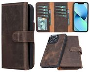 Bayelon Full Grain Leather Tri-Fold Wallet Case for iPhone 13 Pro - [2-in-1], Detachable Magnetic Flip Cover with Card Slots, Durable Frame Case (Dark Brown)