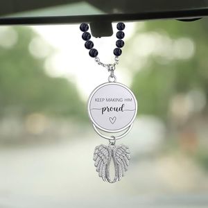 Memorial Car Charm Sympathy Gifts for Loss of Loved one, Keep Making Her Proud Ornament Hanging Rear View Mirror Accessories Grief Bereavement Sympathy Gift (Keep Making Him Proud-Silver)