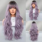 KAMIMASU Ombre Purple Wig with Drak Roots Long Curly Wig Air Bangs Ash Purple Synthetic Full Machine Made No Lace Wigs for Women, Drag Queen Cosplay 28 Inches