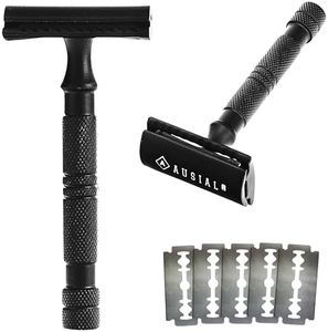 Safety Razor Double Edge Blade for Men Heavy Duty Short Handle Stainless Steel + 5 Razor Blades Refills (Black)