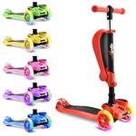 Hurtle 3-Wheeled Scooter for Kids - Wheel LED Lights, Adjustable Lean-to-Steer Handlebar, and Foldable Seat - Sit or Stand Ride with Brake for Boys and Girls Ages 1-14 Years Old, red