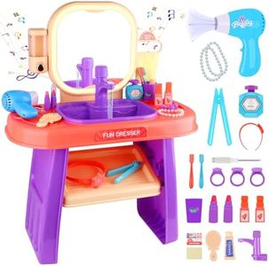 Gifts2U 2-in-1 Kids Vanity Bathroom Sink Toy Set with Mirror and Lights, Hair Blower, Real Sensor Faucet and Makeup Accessories, Little Girl Salon Toy for Toddler 3-8 Years Old