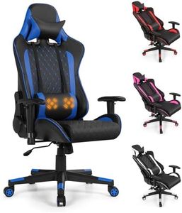 Costway Ergonomic Gaming Chair, High-Back Racing Chair w/Massage Lumbar Support, Headrest & Extra Pocket, 360° Swivel, Adjustable Backrest & Armrest, Video Game Desk Chair for Home Office (Blue)