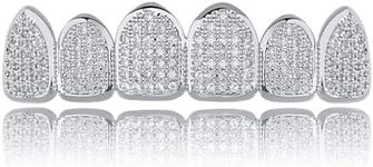 JINAO Silver Top Grillz for Your Teeth 18k Gold Plated All Iced Out Luxury Cubic Zirconia Top Mouth Grills set Men Women with Extra Molding Bars Included (Silver top)