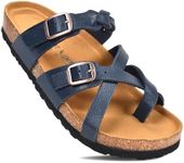 AEROTHOTIC Womens Strappy Slip-On Modern Memory Foam Cushion Footbed Outdoor Adjustable Buckle Cork Footbed Slides for Sandals with Comfortable Arch Support (Irenic Navy, Size 6)