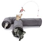 Ownpets Cat Tunnel Large 3 Way Collapsible Cloth Pet Tunnel Tube with Plush Ball & Feather Toy, U-Shaped Cat Play Tunnel for Indoor Cat, Puppy, Kitty, Kitten, Rabbit(Gray)