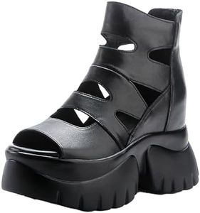 Women's Summer Cowhide Platform Ankle Boots,Comfort Chunky Lug Sole Peep Toe Back Zipper Hollow Height Short Booties (4.5,Black)