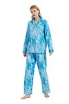 GLOBAL Pyjamas for Women Flannel Cotton Sleepwear long Ladies Pyjamas Sets Button Down LoungewearBlue Shades,L