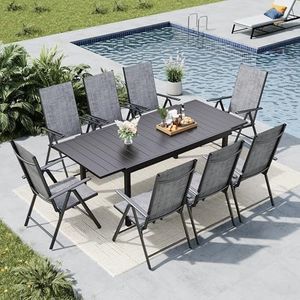 MFSTUDIO 9 Pieces Outdoor Patio Dining Set with 8 Grey Folding Dining Chairs and 1 Expandable Heavy-Duty Metal Dining Table, Patio Table with Adjustable Sling Patio Chairs, Outdoor Table and Chairs