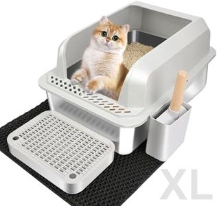 Vivifying Stainless Steel Litter Box, Easy to Clean and Odour-Resistant Metal Cat Litter Tray with Lid, Leak-Proof Stainless Steel Litter Box with Pedals, Scoop and Mat, 55 x 35 x 30 cm -Grey