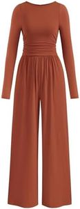 PRETTYGARDEN One Piece Jumpsuits for Women Dressy Casual Long Sleeve Crewneck Wide Leg jumpers Rompers Fall Outfits 2025 (Brick Red, XL)