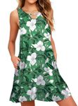 WEACZZY Women Summer Dress Sleeveless Casual Swing Loose Tank Beach Sundress with Pocket,Floral White Leaf/Green,XX-Large