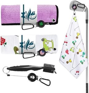 Amy Sport Golf Towels for Golf Bags for Women Men Value 2 Pack with 3 Strong Magnetic Retractable Carabiner and Black Brush, 16''X16'' Microfiber Waffle Pattern Towel Absorbent Set (White&Purple)