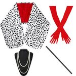 TOMIGO 4 Pieces Halloween Women Costume Set, Black White Stole, 1920s Red Gloves, Costume Holder and Necklace for Cosplay