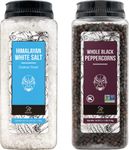 Soeos Himalayan White Salt, 39 oz (2.4 lb) + Whole Black Peppercorns, 18oz (1.1 lb) White Himalayan Salt Coarse Grain, Whole Black Peppercorns, White Salt in Grinder, Salt and Pepper Refill