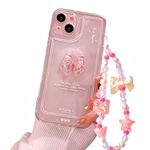 Pretaco for iPhone 15 Case, [2 in 1 with Pearl Beaded Wrist Strap Bracelet Chain] 3D Cute Pink Bow Decor for Women Girl