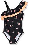 Kanu Surf Girls' Big Morgan Floral Ruffle One-Shoulder 1-Piece Swimsuit, Black, 14