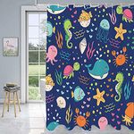 Imirell Sea Animals Shower Curtain Cartoon Fish Kids 60Wx72H Inch Undersea Cute Whales Dolphin Underwater Wild Life Blue Ocean Boys Girls Waterproof Polyester Fabric Bathroom Decorations with 12 Hooks