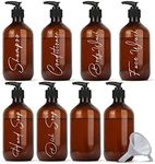 IMPRESA [8 Pack Plastic Amber Bottles with Pump & Funnel for Easy Refill - 16oz Pump Bottle - Refillable with Labels - Body Wash Dispenser - Shower Containers for Shampoo, Conditioner and Soap