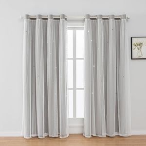 FANLI 2 Panels Star Blackout Curtains for Kid Girls Bedroom Living Room Darking Stripe Double Layer Star Cut Out Wall Home Decor Gradient Grommet Window Curtains (Grey 95L)