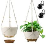 Koalaime Hanging Planter Self Watering 10 Inch, 2 Pack Indoor Outdoor Hanging Baskets, Hanging Flower Pots with Drainage Hole & 2 Kinds of Plant Hangers for Garden Home Decor(Cream)…