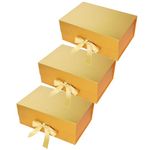 Aakriti Gift Box Elegant Folding Diwali Gift Boxes With Ribbon Gifting Reuse Hamper Rakhi Box Gift Boxes Present Gold Gift Box Ribbon Birthday Party Favors (23 x16 x10cm, Gold Gift Box 3pcs)